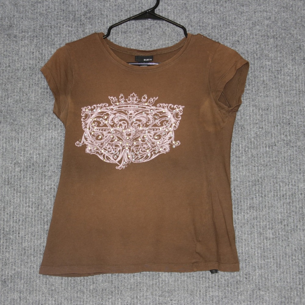 Y2K MIXIT Women's Brown Graphic T Shirt Crown Rhinestone Small